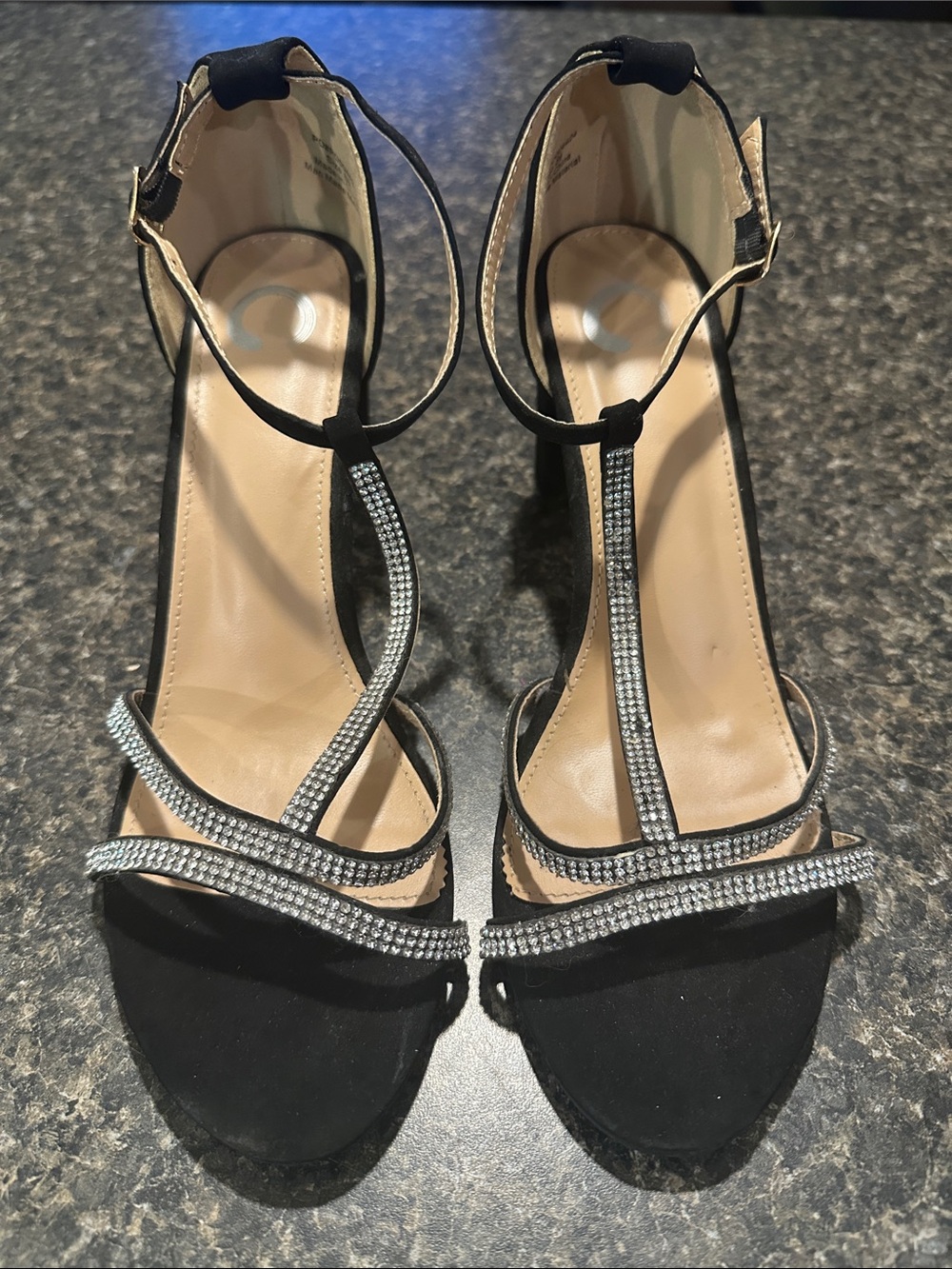 Black Rhinestone T-Strap Women's Dress Sandals